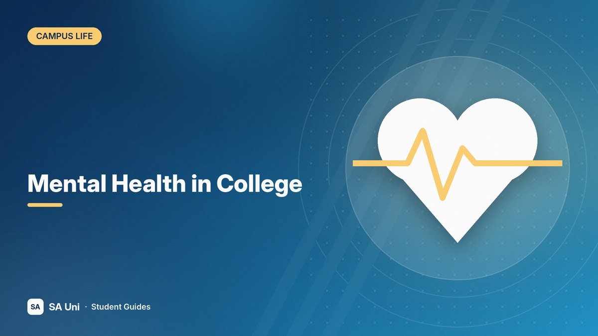 Illustration of a heart with a pulse line symbolizing wellbeing for the SA Uni guide: Mental Health in College