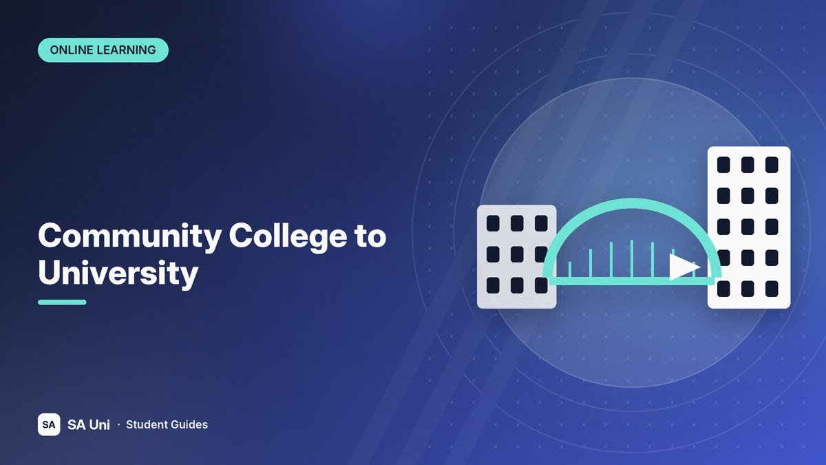 Illustration of a bridge connecting a community college to a university for the SA Uni guide: Community College to University