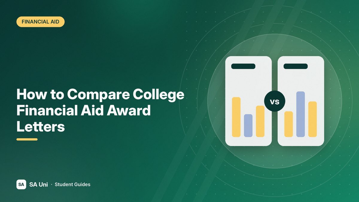 Illustration of two financial aid offers compared side by side with bar charts for the SA Uni guide: How to Compare College Financial Aid Award Letters