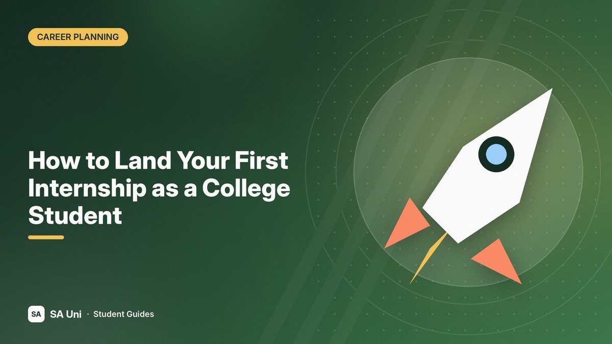 Illustration of a rocket launching upward for the SA Uni guide: How to Land Your First Internship as a College Student