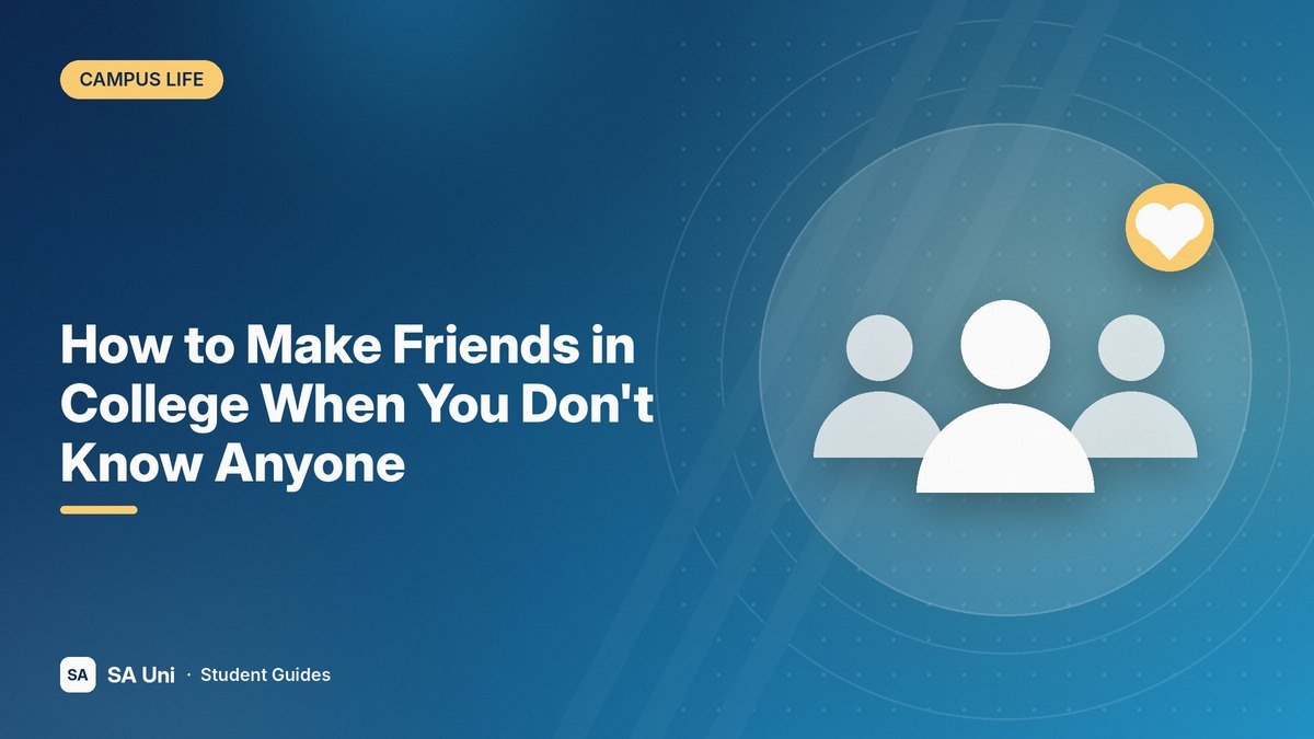 Illustration of a group of three students with a heart icon for the SA Uni guide: How to Make Friends in College When You Don't Know Anyone