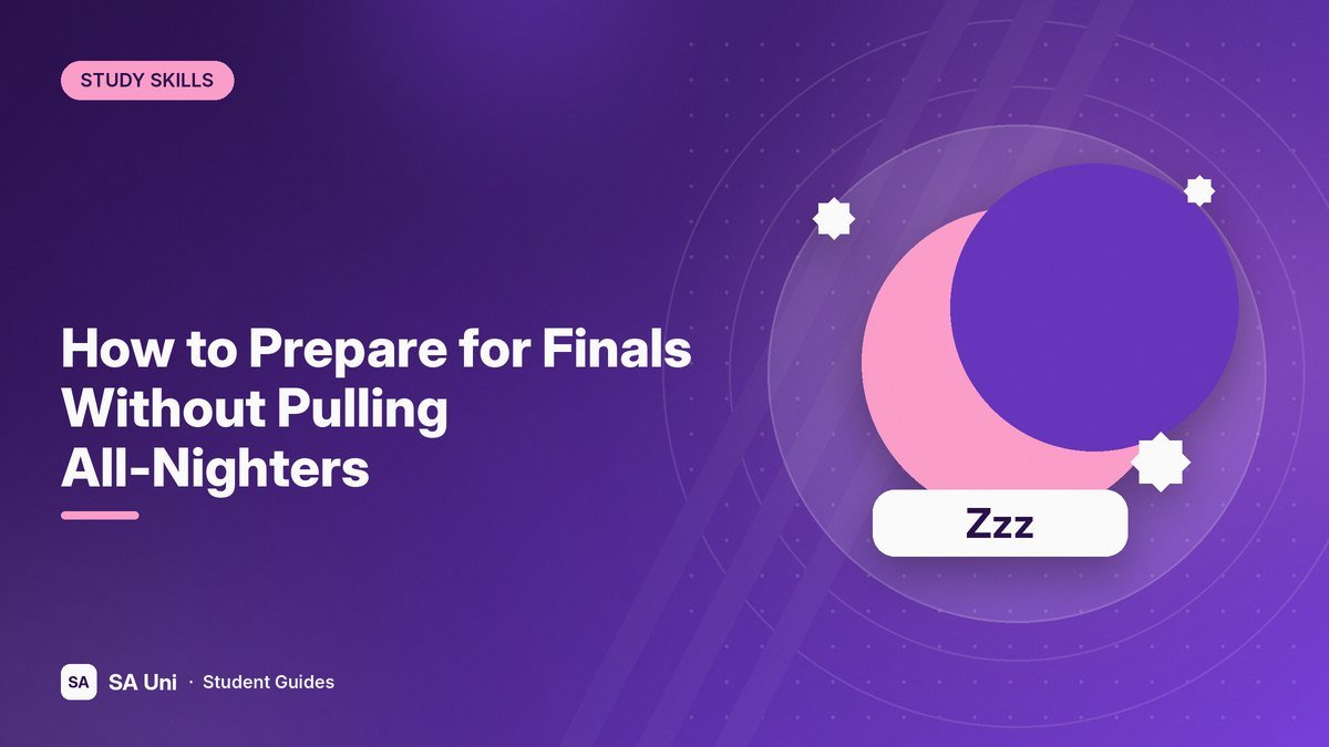 Illustration of a crescent moon and stars with a sleep sign for the SA Uni guide: How to Prepare for Finals Without Pulling All-Nighters