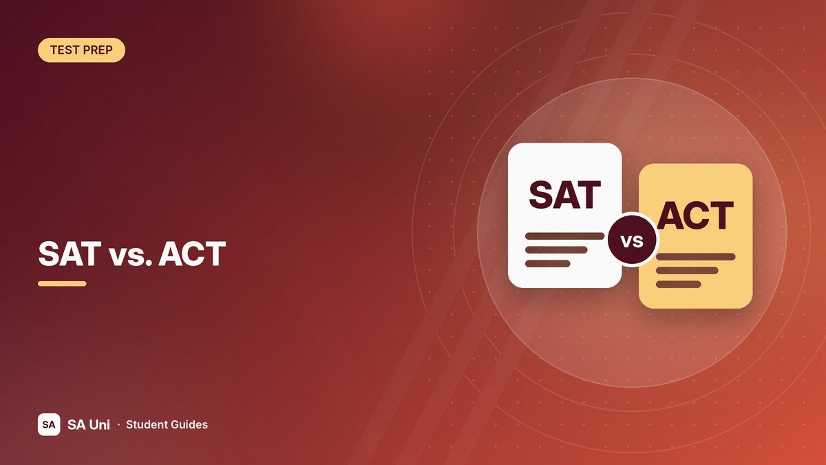 Illustration of SAT and ACT test cards facing each other for the SA Uni guide: SAT vs. ACT