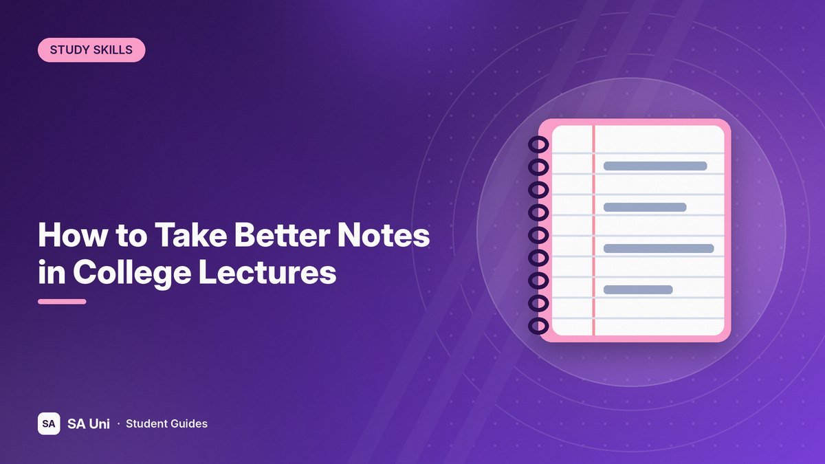 Illustration of a spiral notebook with lecture notes for the SA Uni guide: How to Take Better Notes in College Lectures